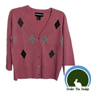 Vtg Requirements Pink Argyle V-Neck Cardigan Sweater Small V1 Academia Preppy